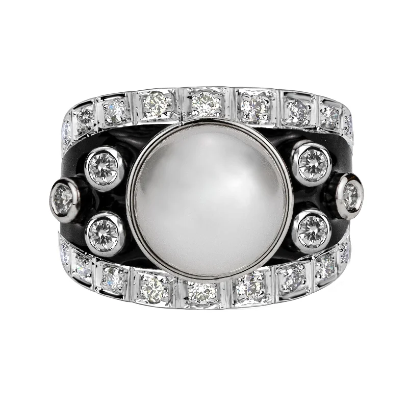 ladies-platinum-narrow-band-rings-Ring - South Sea Pearl And Diamond (enamel)