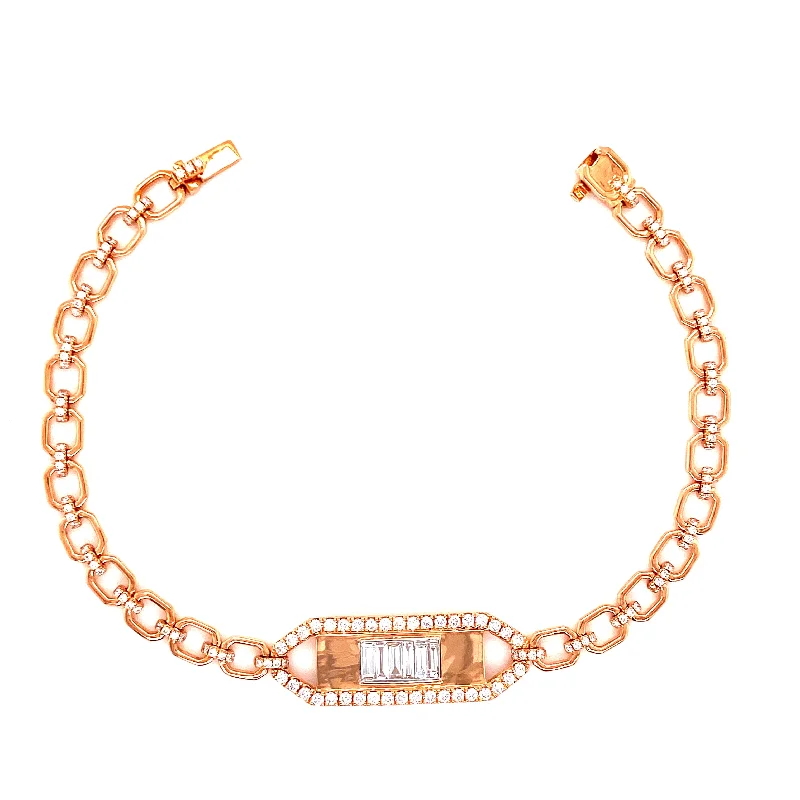 Ladies bracelets bold flair -18K Rose Gold Round+Baguette Diamond Bar Bracelet