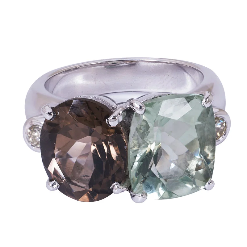 ladies-custom-white-gold-rings-Ring - Green Quartz, Smokey Quartz and Diamond in Sterling Silver