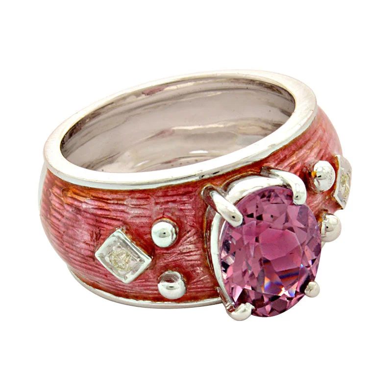 ladies-gold-bezel-rings-Ring- Pink Tourmaline And Diamond (enamel) (91HS)