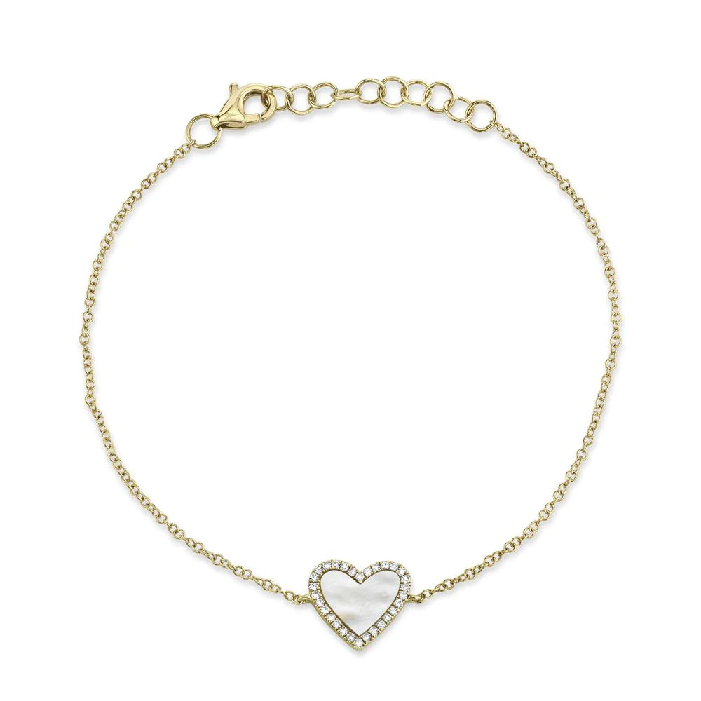 Ladies bracelets fancy charm -14K Yellow Gold Mother of Pearl and Diamond Heart Bracelet