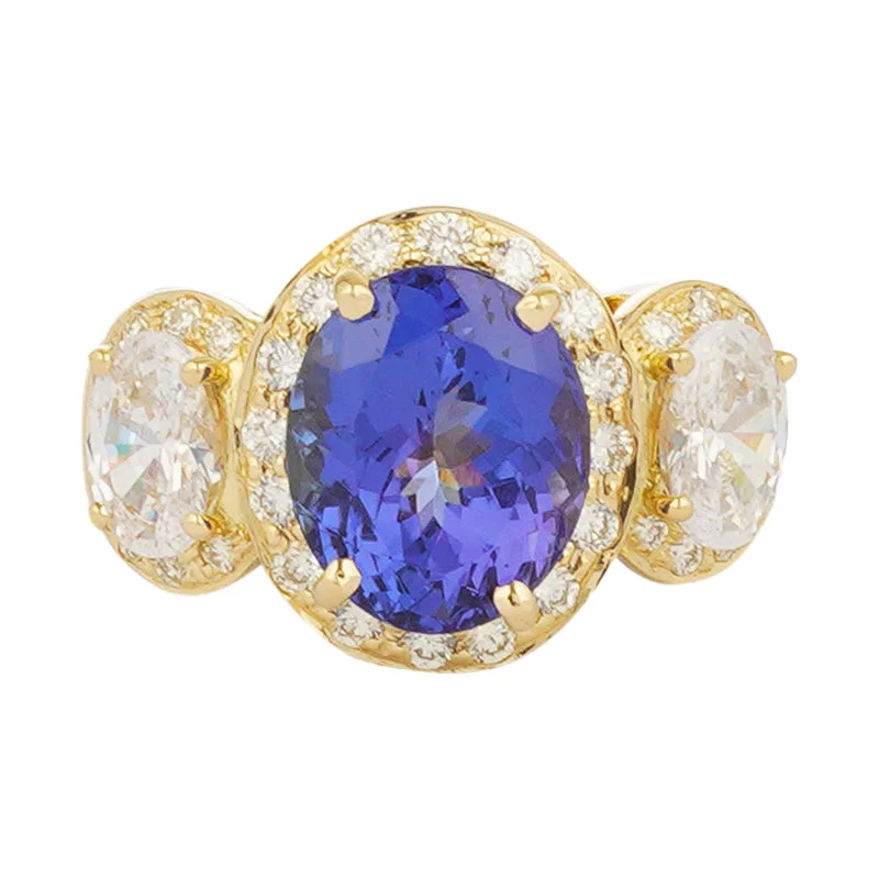 ladies-cushion-cut-gold-rings-Ring - Tanzanite, Cubic Zirconia and Diamond (2221E)