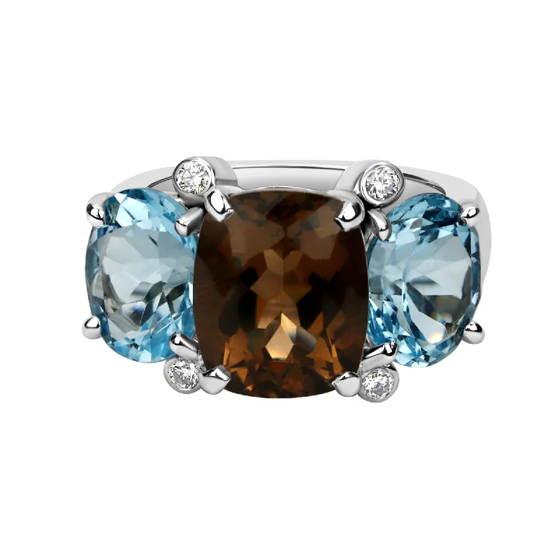 ladies-cushion-cut-gold-rings-Ring - Smoky Quartz And Blue Topaz With Diamond