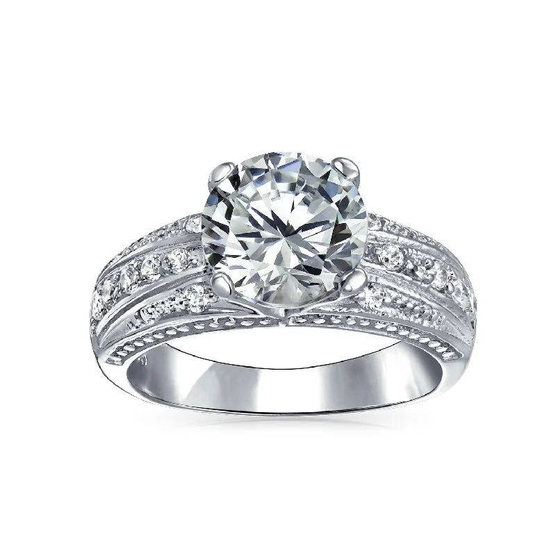 engagement-white-gold-accent-rings-Vintage Antique Style 3CT CZ Solitaire Engagement Ring with Milgrain Edge Band