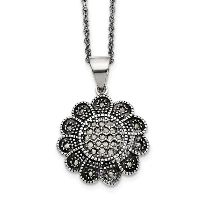 Ladies necklaces for ocean days -Marcasite Flower Necklace in Antiqued Stainless Steel, 20 Inch