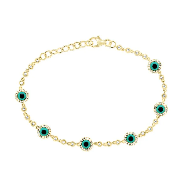 Ladies bracelets with ring charms -14K Yellow Gold Diamond and Turquoise Evil Eye Bracelet