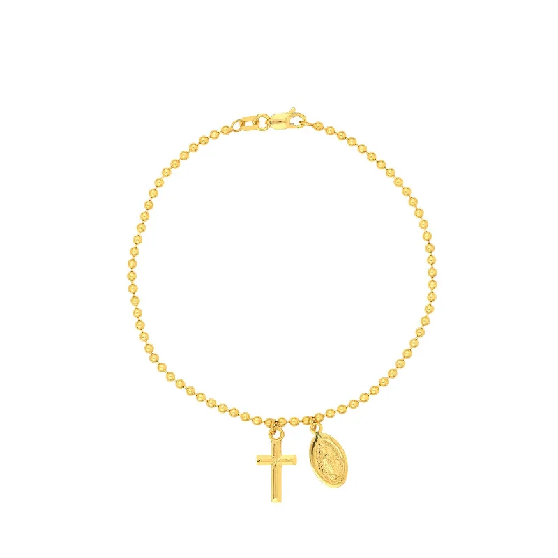 Ladies bracelets with tower charms -14K Yellow Gold Virgin Mary and Cross Beaded Bracelet