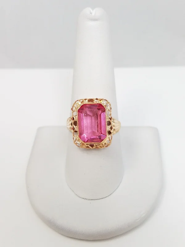 ladies-ruby-bypass-rings-Vintage 14k Yellow Gold Synthetic Pink Gem Ring