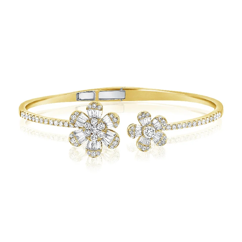 Ladies bracelets for winter glow -14K Yellow Gold Baguette Double Flower Hinged Cuff Bracelet