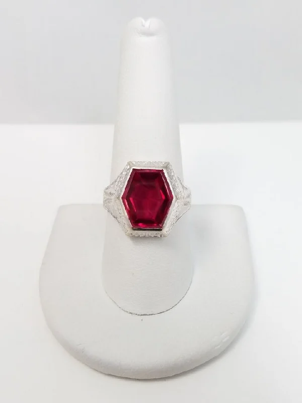 ladies-modern-diamond-rings-Art Deco 1930's Synthetic Red Gemstone 14k White Gold Ring