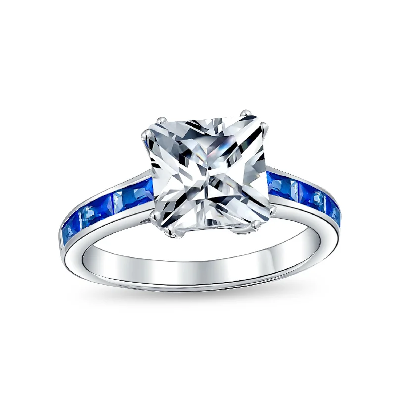 engagement-cushion-cut-white-gold-rings-Classic Art Deco 3CT CZ Princess Cut Engagement Ring with Sapphire Blue Band