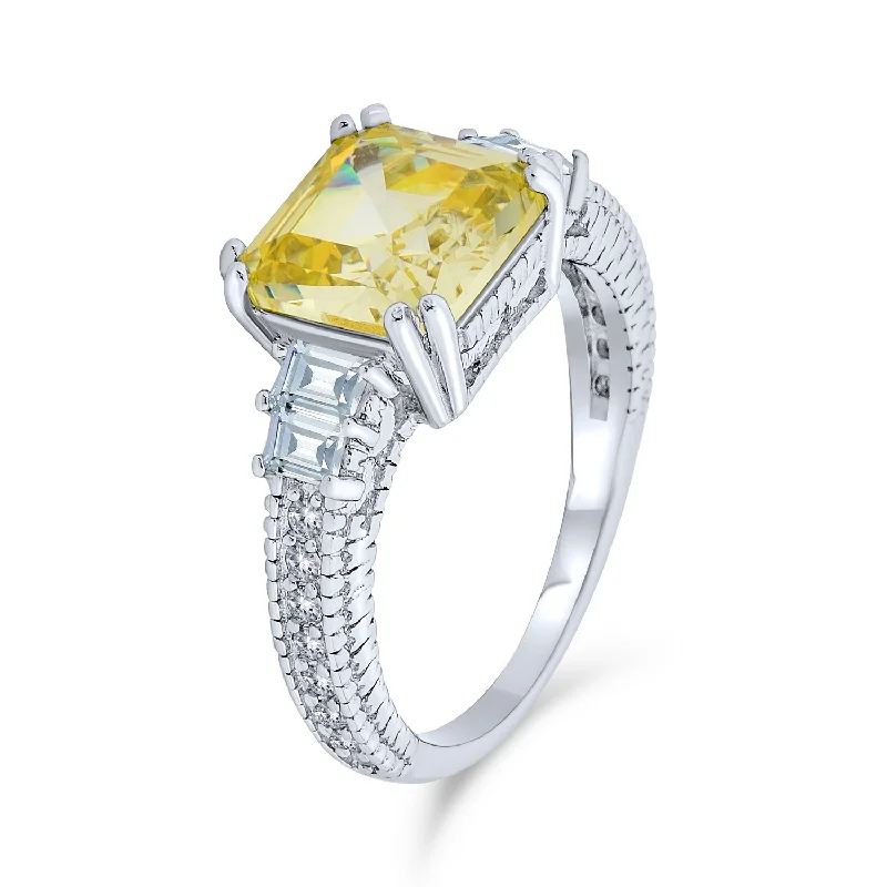 engagement-luxury-emerald-rings-Elegant Art Deco 2CT Canary Yellow CZ Asscher Cut Engagement Ring with Baguettes