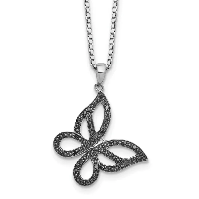 Ladies necklaces trendy flair -Black Diamond 21mm Butterfly Rhodium Plated Sterling Silver Necklace