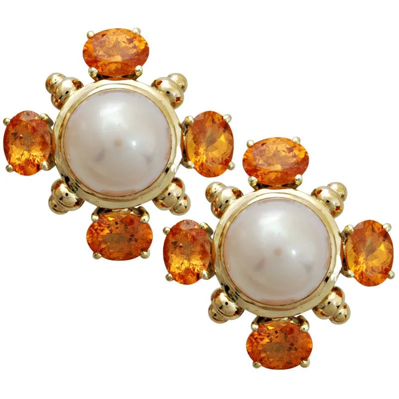 ladies-diamond-pearl-earrings-Earrings-Pearl and Orange Garnet  (1706B)