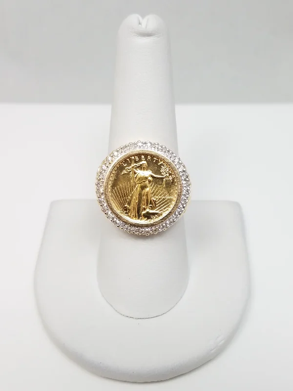 ladies-platinum-wide-band-rings-Exceptional 1/10oz. 1988 U.S. Gold Eagle Coin 14k Yellow Gold Natural Diamond Ring