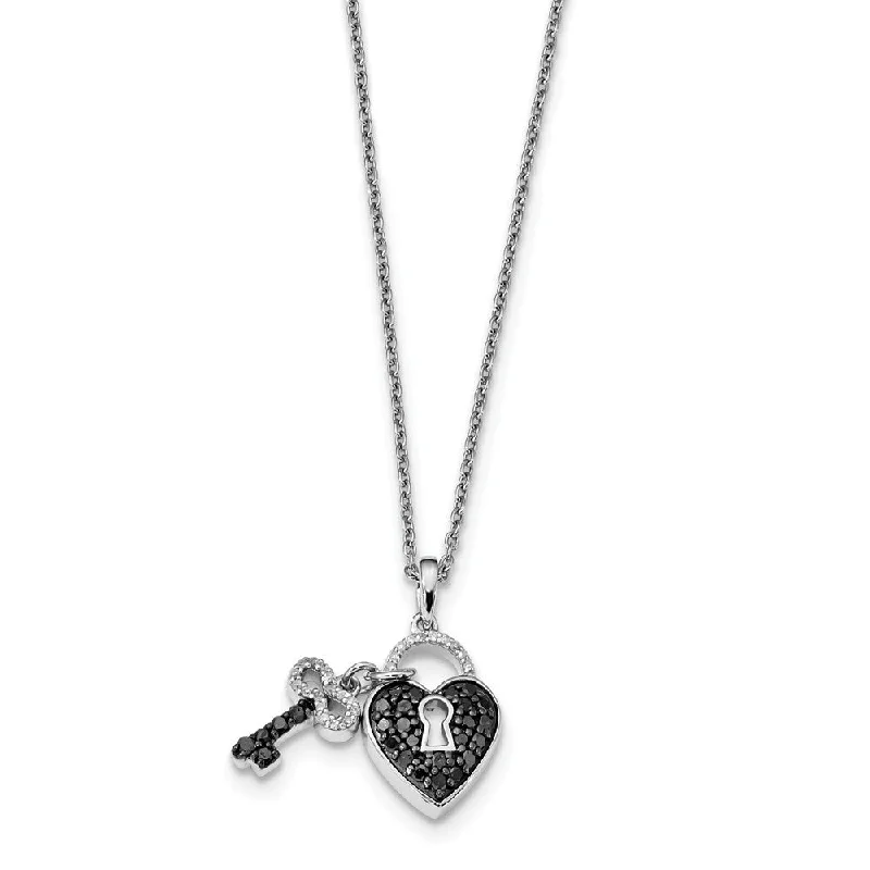 Ladies necklaces with bloom charms -Black & White Diamond Heart Lock & Key Necklace in Sterling Silver