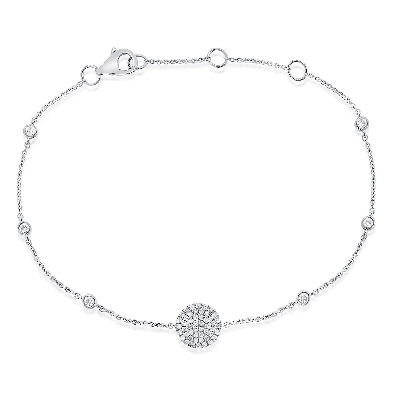 Ladies bracelets stylish charm -14K White Gold Diamond Pave Disc & Bezel Station Bracelet