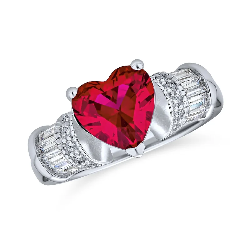 engagement-oval-rose-gold-rings-Art Deco 2.5CT Red Pink Heart CZ Engagement Ring with Baguette Side Stones