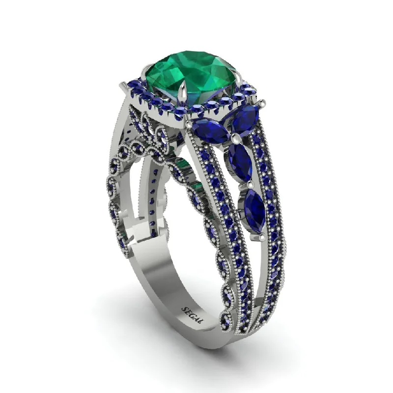 engagement-platinum-wide-band-rings-Emerald Eternal Embrace Double Shank Filigree Engagement Ring - Celine No. 66