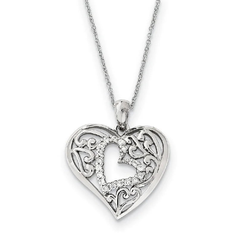 Ladies necklaces cute flair -Rhodium Plated Sterling Silver & CZ Forever in My Heart Necklace, 18in