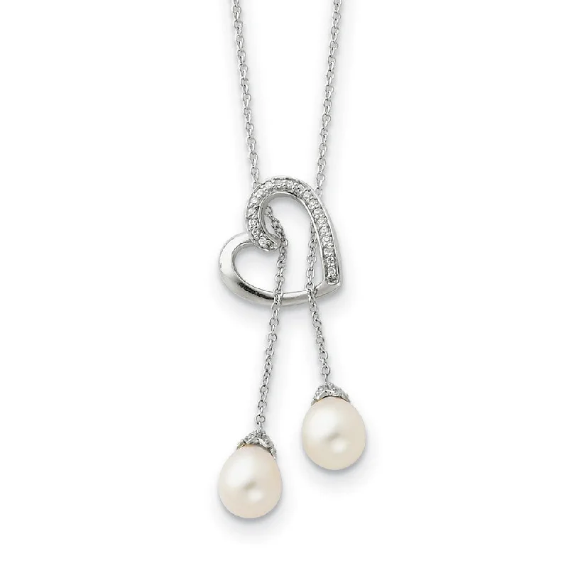 Ladies necklaces with mist larimar -Sterling Silver, FW Cultured Pearl & CZ Two Become One Lariat Necklace