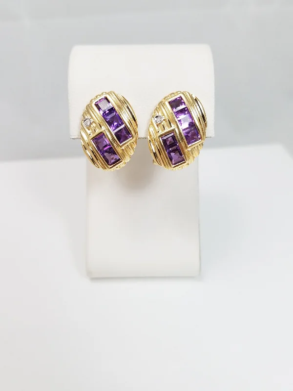 ladies-luxury-diamond-earrings-Stylish 14k Yellow Gold Natural Amethyst Diamond Dangle Earrings