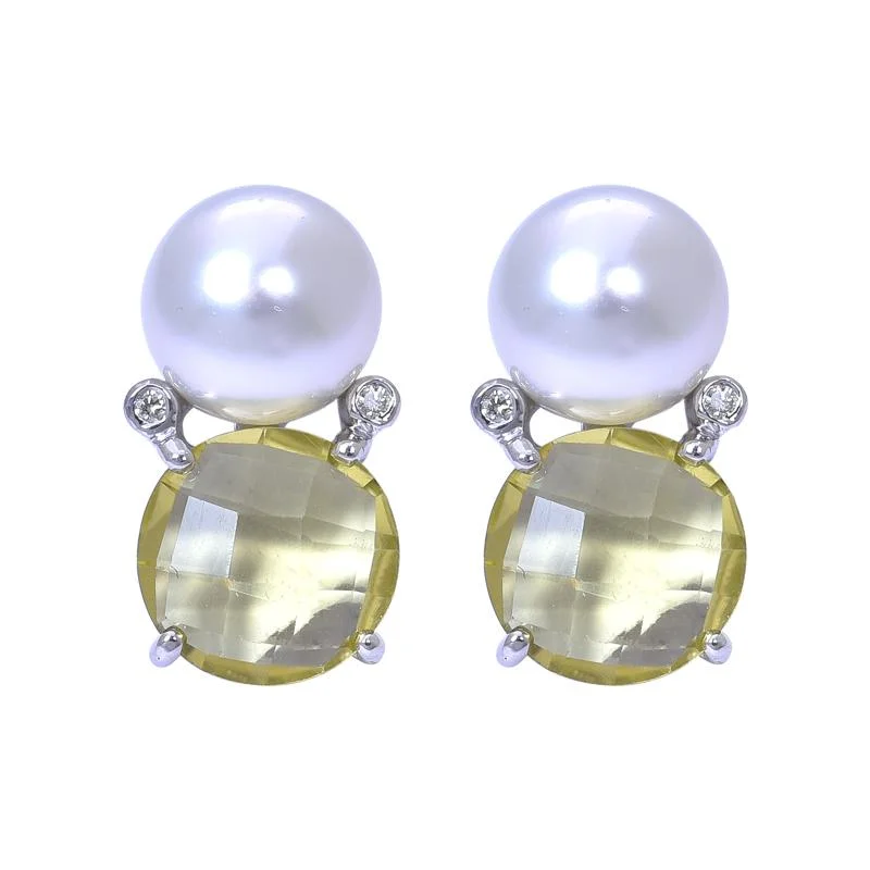 ladies-sterling-silver-leverback-earrings-Earrings- Lemon Quartz, South Sea Pearl and Diamond  (263AS)