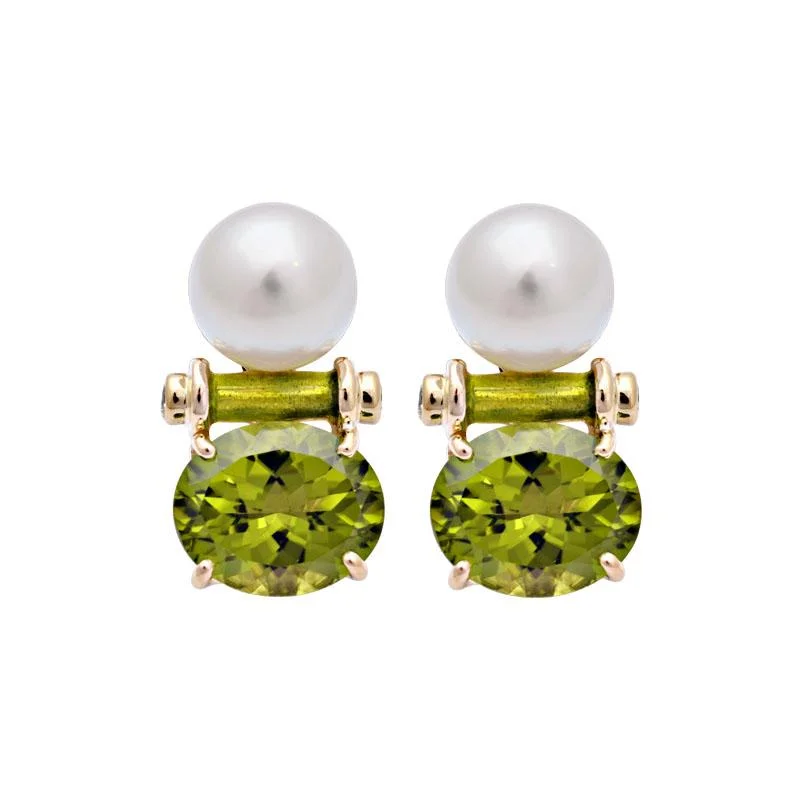 ladies-cross-pearl-earrings-Earrings-Peridot, South Sea Pearl and Diamond (Enamel)  (2101D)