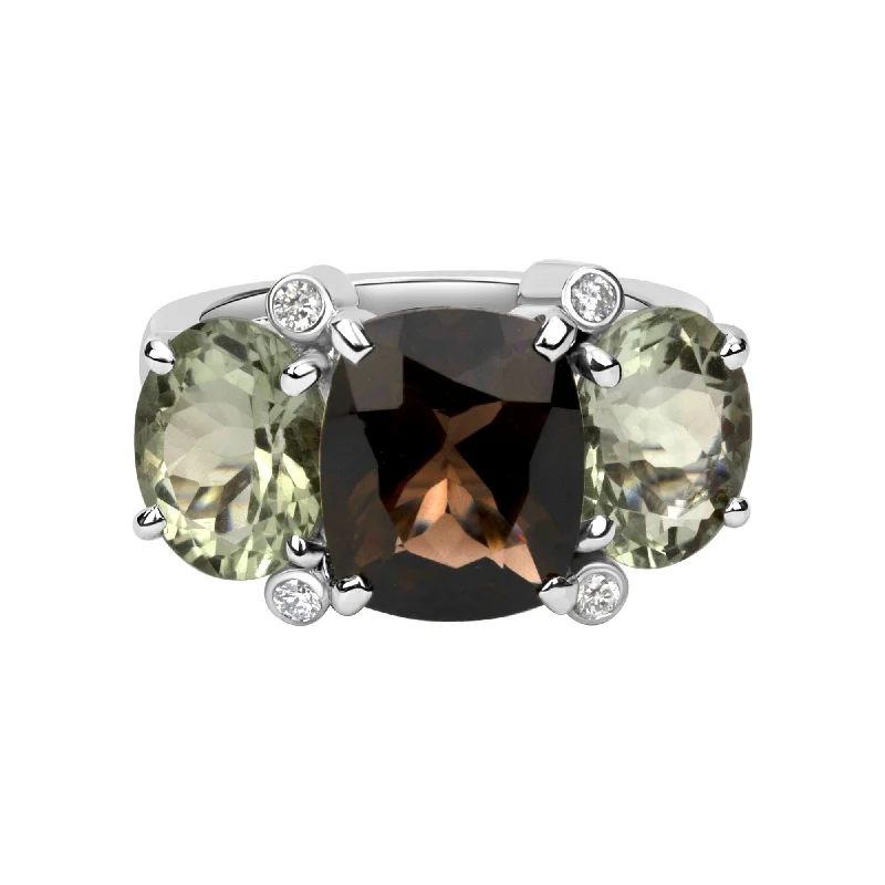 ladies-modern-platinum-rings-Ring - Smoky Quartz, Green Quartz And Diamond