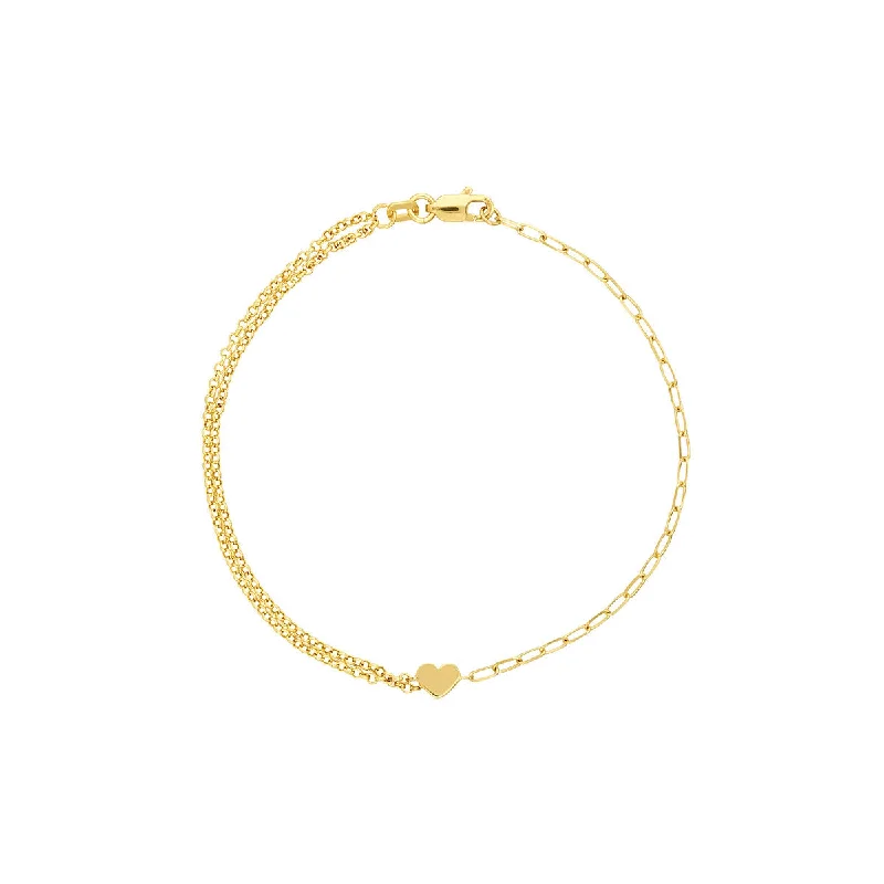 Ladies bracelets for chill vibes -14K Yellow Gold Paper Clip + Double Rolo Heart Bracelet