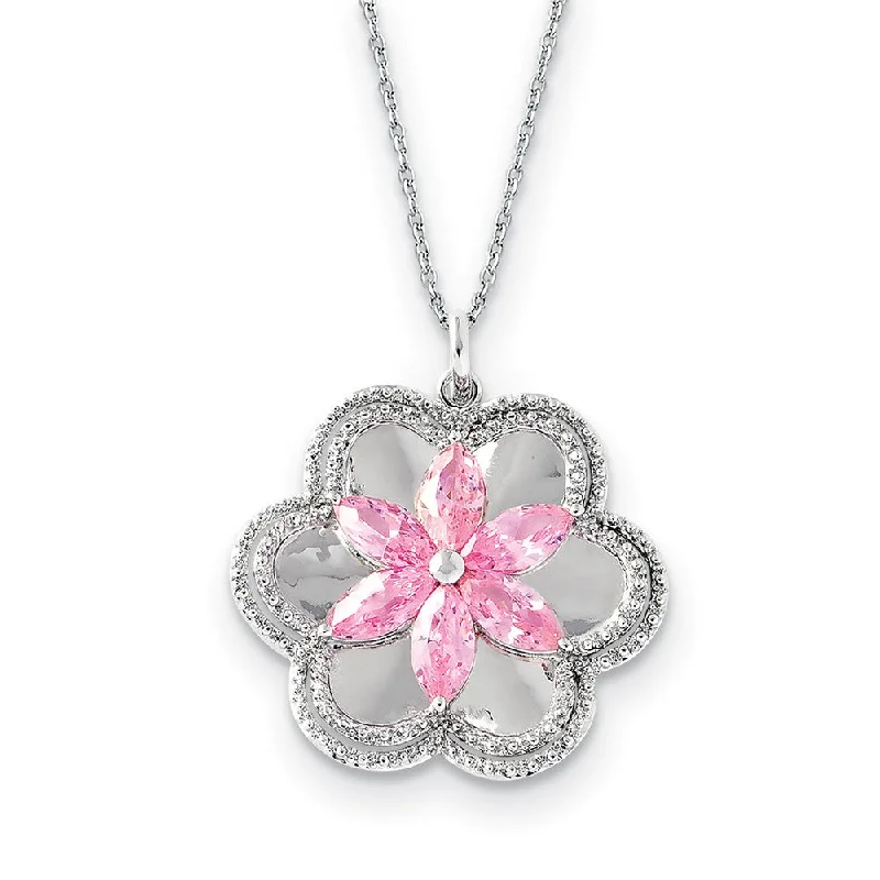 Ladies necklaces cool elegance -Rhodium Plated Sterling Silver & CZ Pretty in Pink Flower Necklace