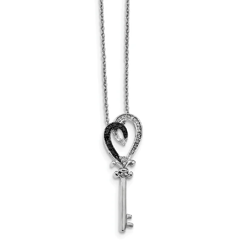 Ladies necklaces fine strands -1/8 Ctw White & Black Diamond Heart Key Necklace in Sterling Silver