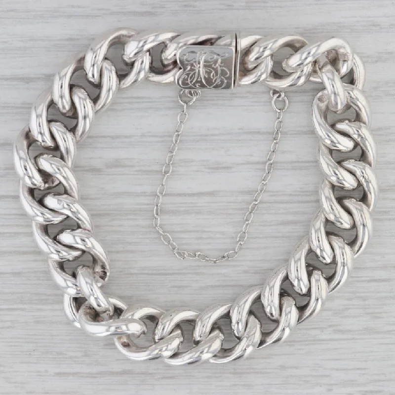 Ladies bracelets for innovator vibes -Curb Chain Bracelet w/ Safety Chain 830 Silver Antique Monogrammed 7.5" 12.2mm