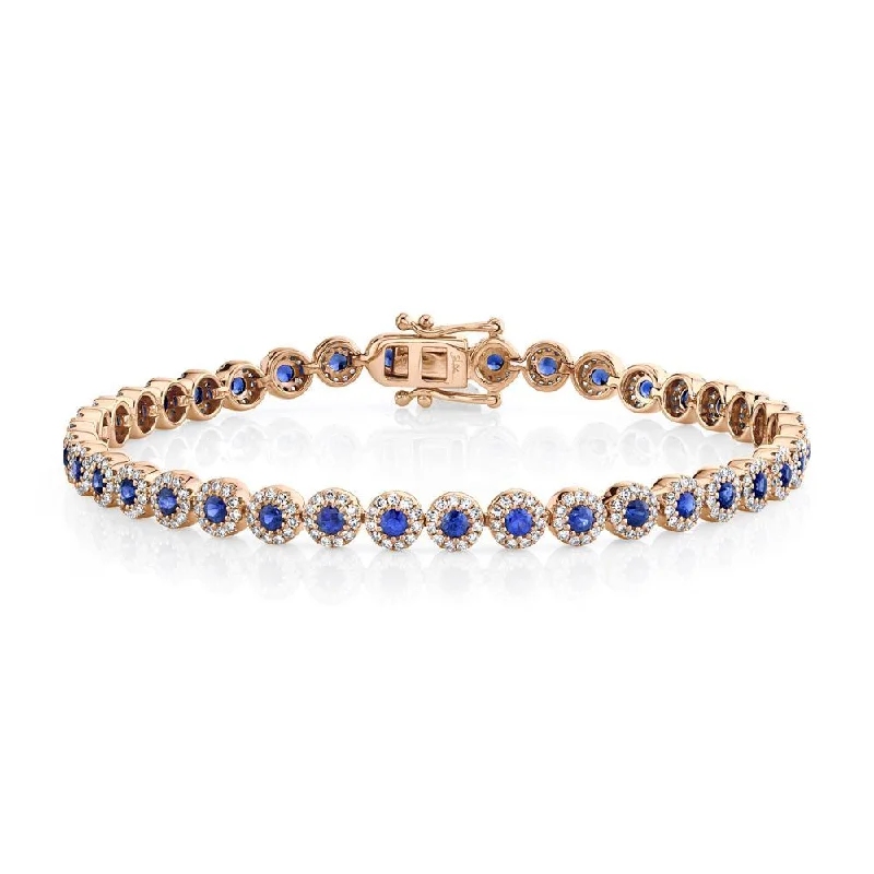 Ladies bracelets stylish elegance -14K Rose Gold Diamond Halo + Blue Sapphire Bracelet