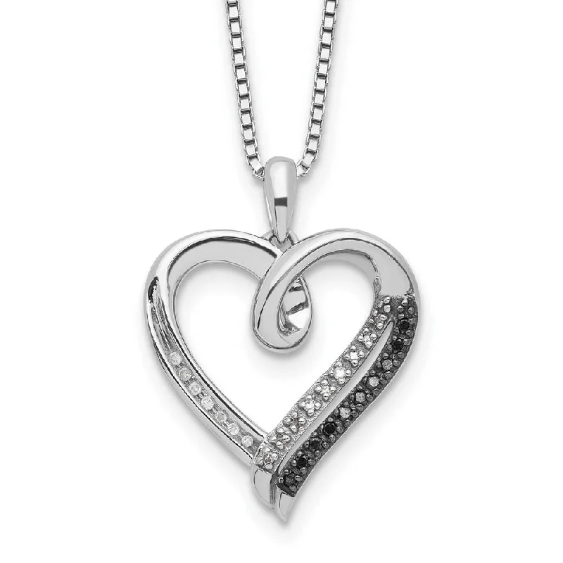 Ladies necklaces retro charm -1/10 Ctw Black & White Diamond 20mm Heart Necklace in Sterling Silver