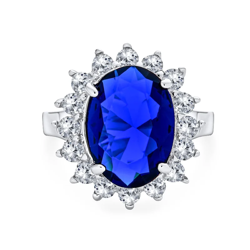 engagement-modern-platinum-rings-Vintage Style Oval CZ Sapphire Engagement Ring in Sterling Silver, 5-7 Karat Halo