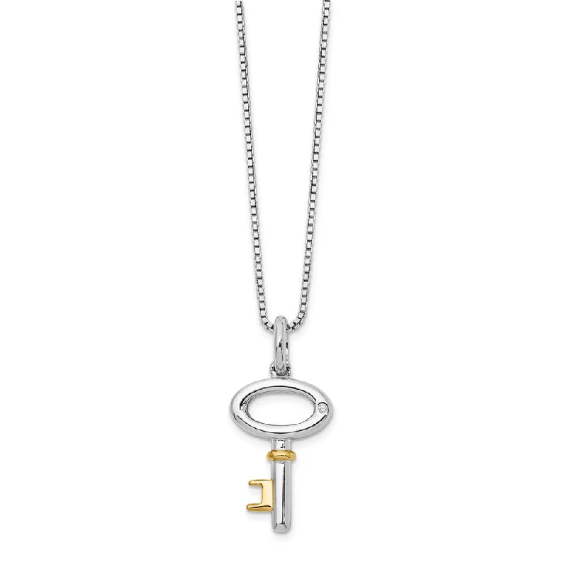 Ladies necklaces for layered styles -Diamond Key Necklace in Rhodium and Gold tone Plated Silver, 18-20 In