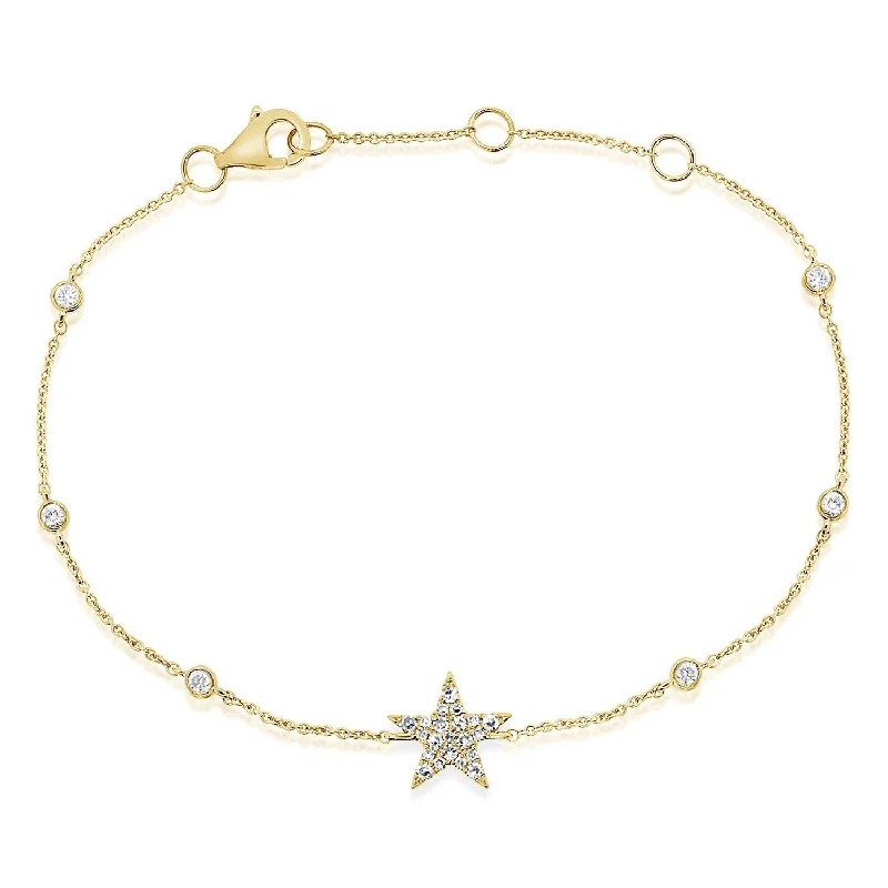 Ladies bracelets for crew vibes -14K Yellow Gold Diamond Star Bezel Station Bracelet