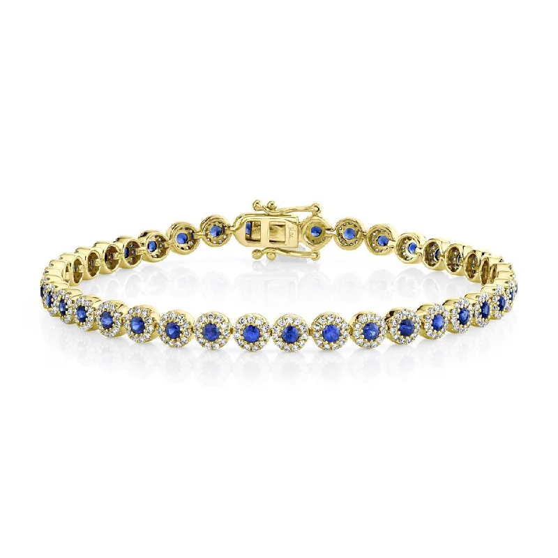 Ladies bracelets for fashion vibes -14K Yellow Gold Diamond Halo + Blue Sapphire Bracelet