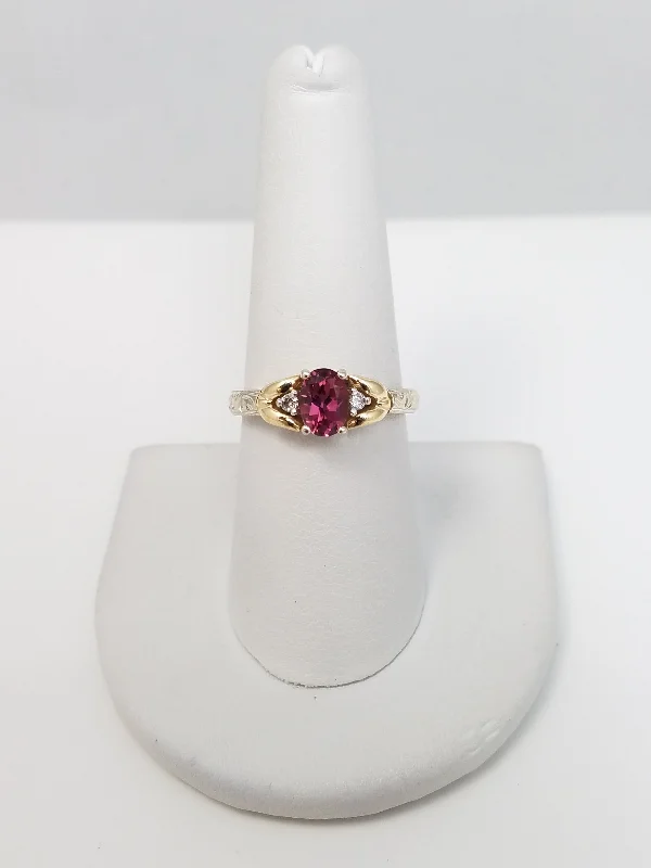 ladies-white-gold-cluster-rings-Ornate Natural Tourmaline & Natural Diamond 14k Two Tone Gold Ring