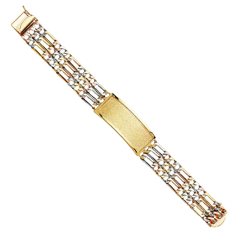 Ladies bracelets with ice zircon -14K Tri-Color Nugget Figaro Link ID Bracelet