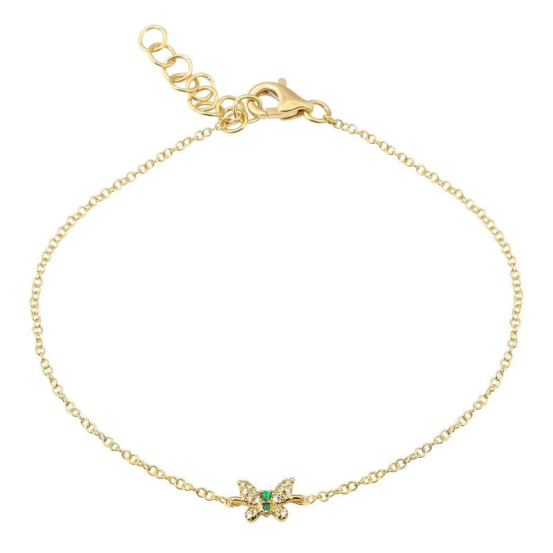 Ladies bracelets for calm vibes -14k Yellow Gold Diamond Emerald Butterfly Bracelet