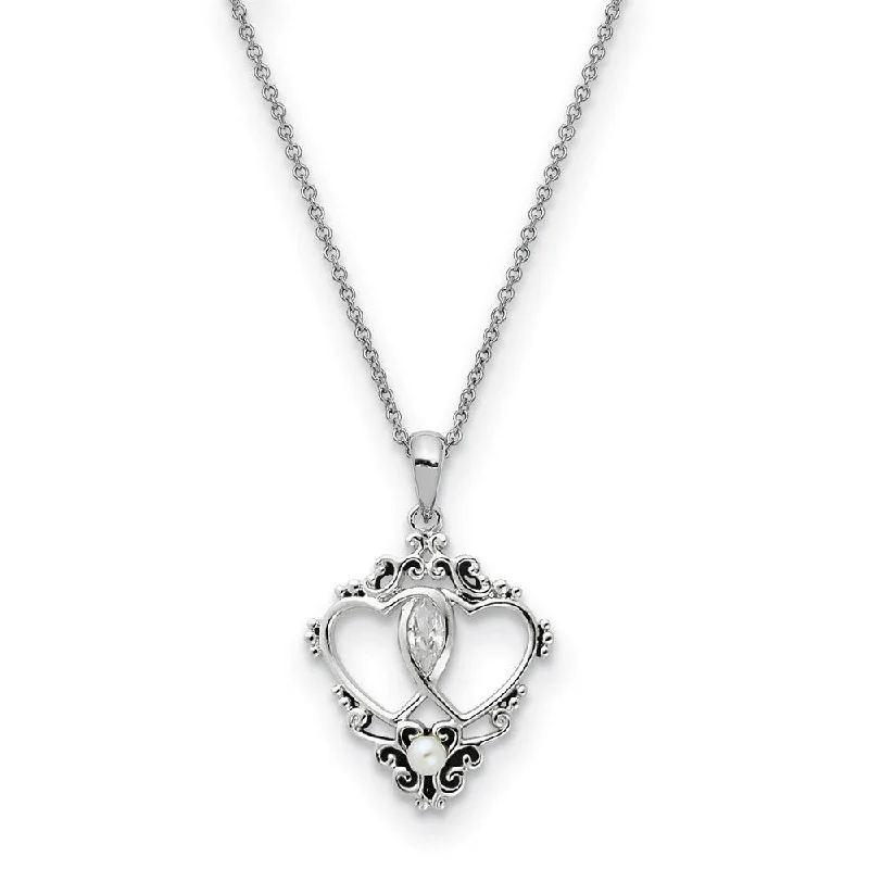 Ladies necklaces for game days -Sterling Silver, FW Cultured Pearl & CZ Two Hearts, One Love Necklace