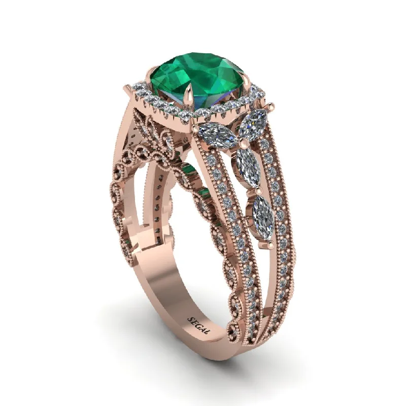 engagement-pearl-halo-rings-Emerald Eternal Embrace Double Shank Filigree Engagement Ring - Celine No. 5