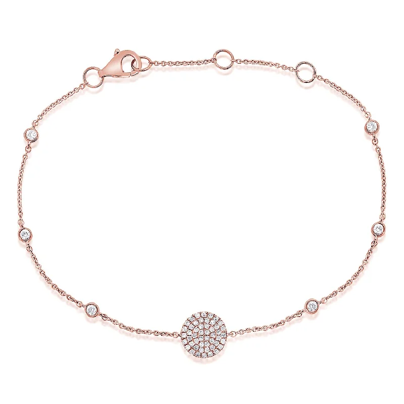 Ladies bracelets with tail charms -14K Rose Gold Diamond Pave Disc & Bezel Station Bracelet