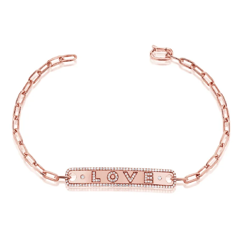 Ladies bracelets with horn charms -14K Rose Gold Diamond "Love" Bar Bracelet