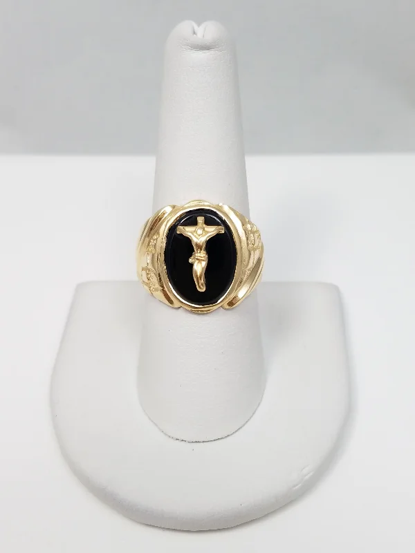 ladies-rose-gold-filigree-rings-Crucifix Onyx 10k Yellow Gold Ring