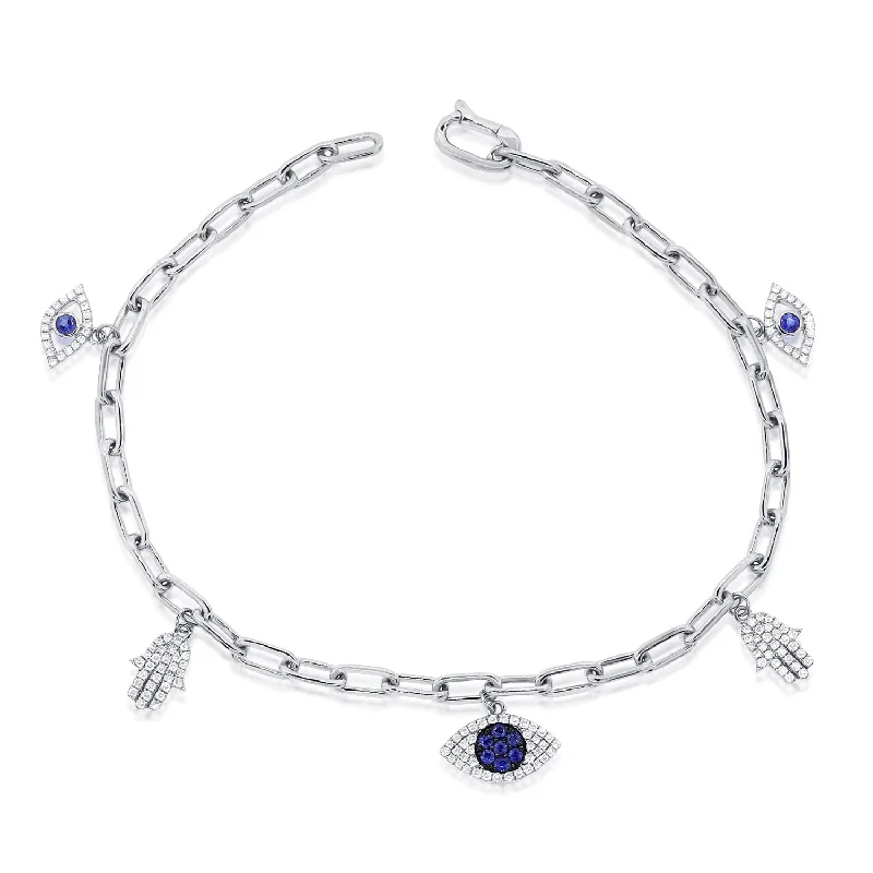 Ladies bracelets for wedding charm -14K White Gold Diamond and Sapphire Charm Bracelet