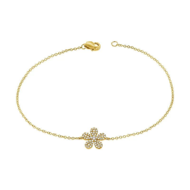 Ladies bracelets slim flair -14K Yellow Gold Diamond Pave Flower Bracelet