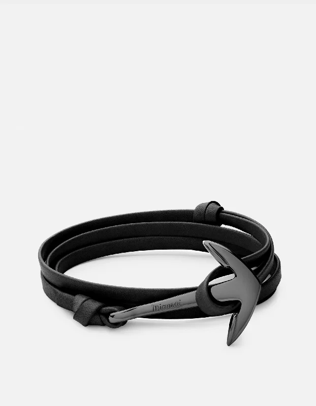 Ladies bracelets cute flair -Polished Black Rhodium Plated Sterling Silver Anchor Black Leather Wrap Bracelet